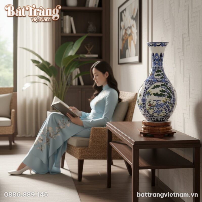 Lọ Tỳ Bà Tứ Cảnh Bát Tràng cao 70cm với họa tiế...