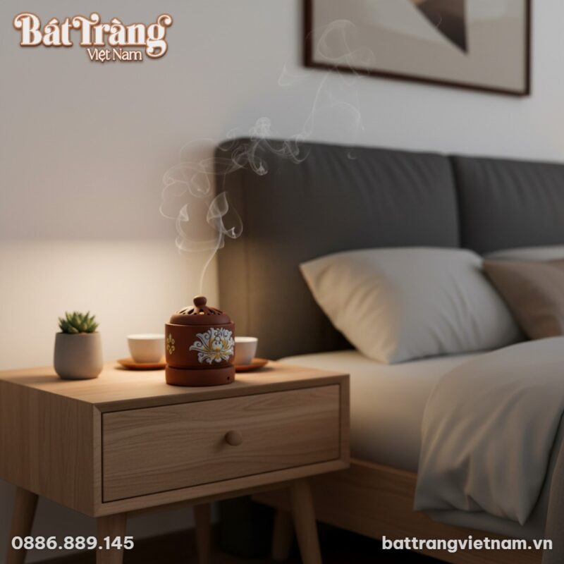 Lư điện xông tinh dầu hoa sen Bát Tràng trên bà...