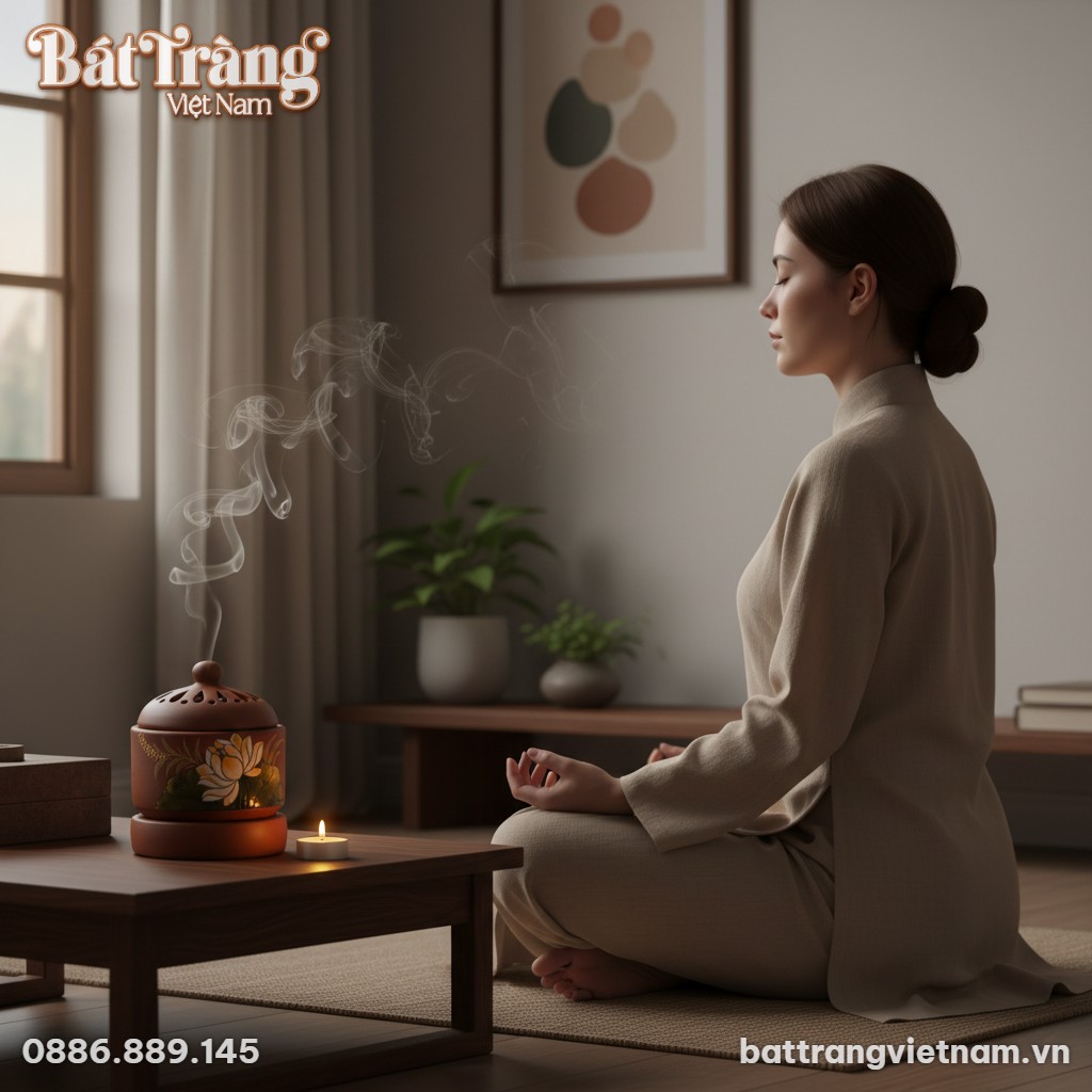 Lư xông tinh dầu gốm Bát Tràng hoa sen đặt trên...