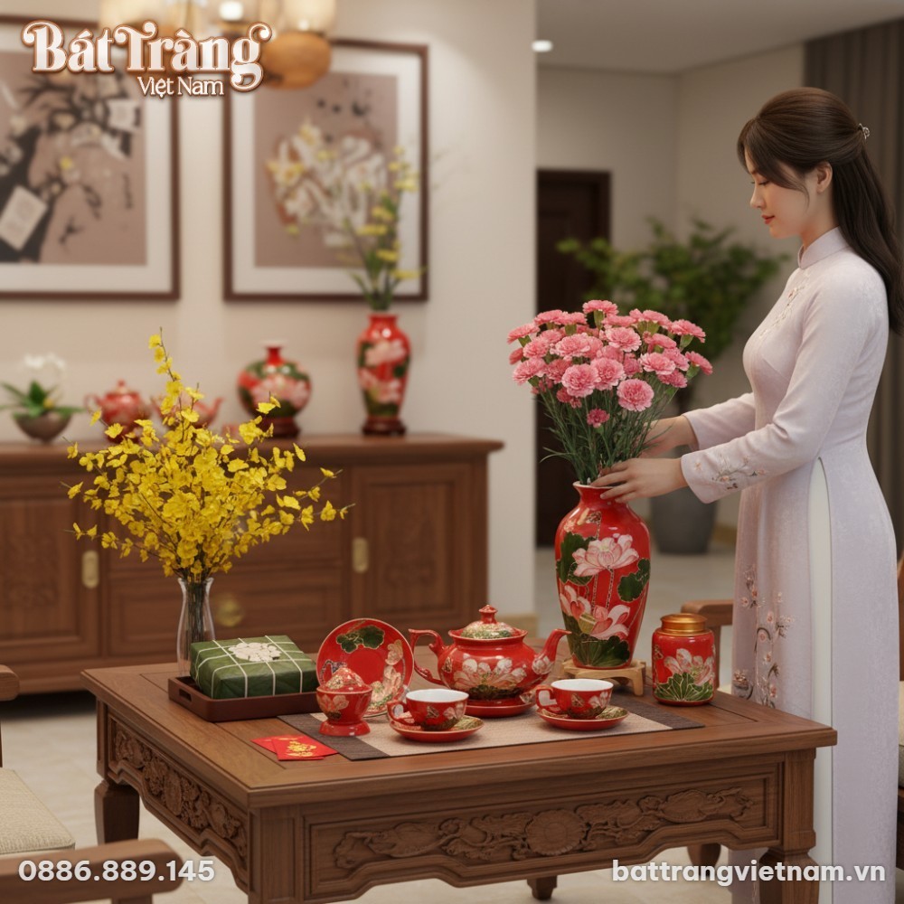 Toàn bộ bộ gốm sứ Bát Tràng men đỏ sen hồng thị...