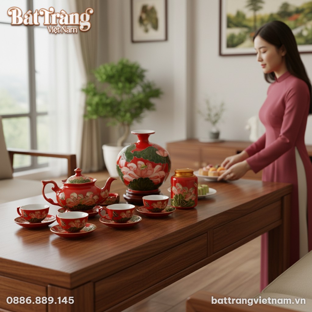 Toàn bộ bộ gốm sứ Bát Tràng men đỏ sen hồng thị...