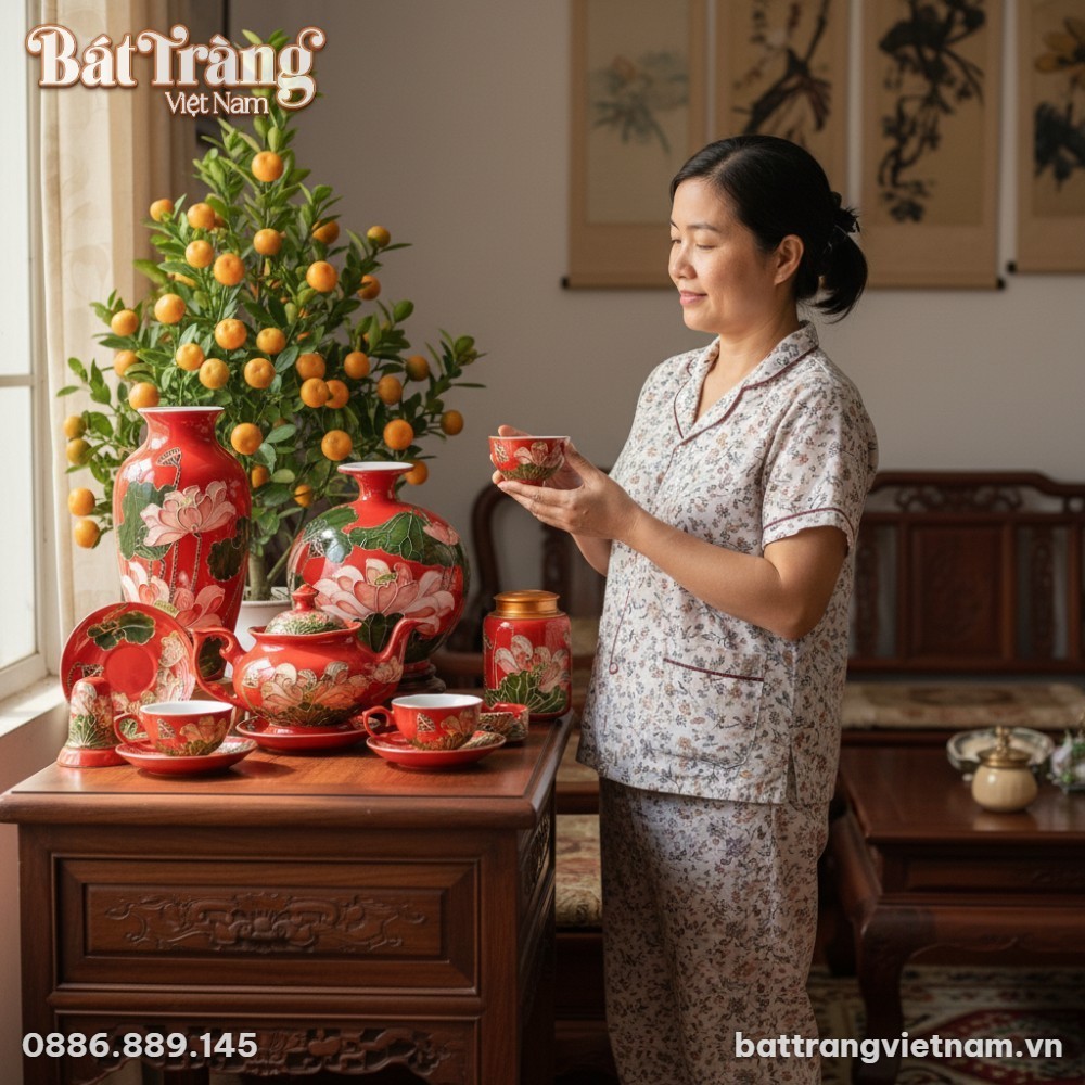cận cạnh bộ sản phẩm gốm sứ Bát Tràng men đỏ se...