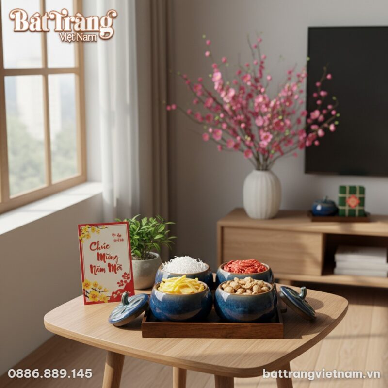 Bộ 4 hũ mứt men hỏa biến kèm khay gỗ được đặt t...
