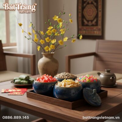 Cận cảnh bộ 4 hũ mứt dáng bí men hỏa biến đặt t...