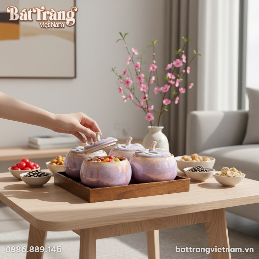 Cận cảnh bộ 4 hũ mứt men hỏa biến dáng bí và kh...