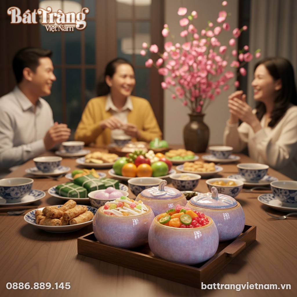 Bộ 4 hũ mứt men hỏa biến dáng bí đặt trang trọn...