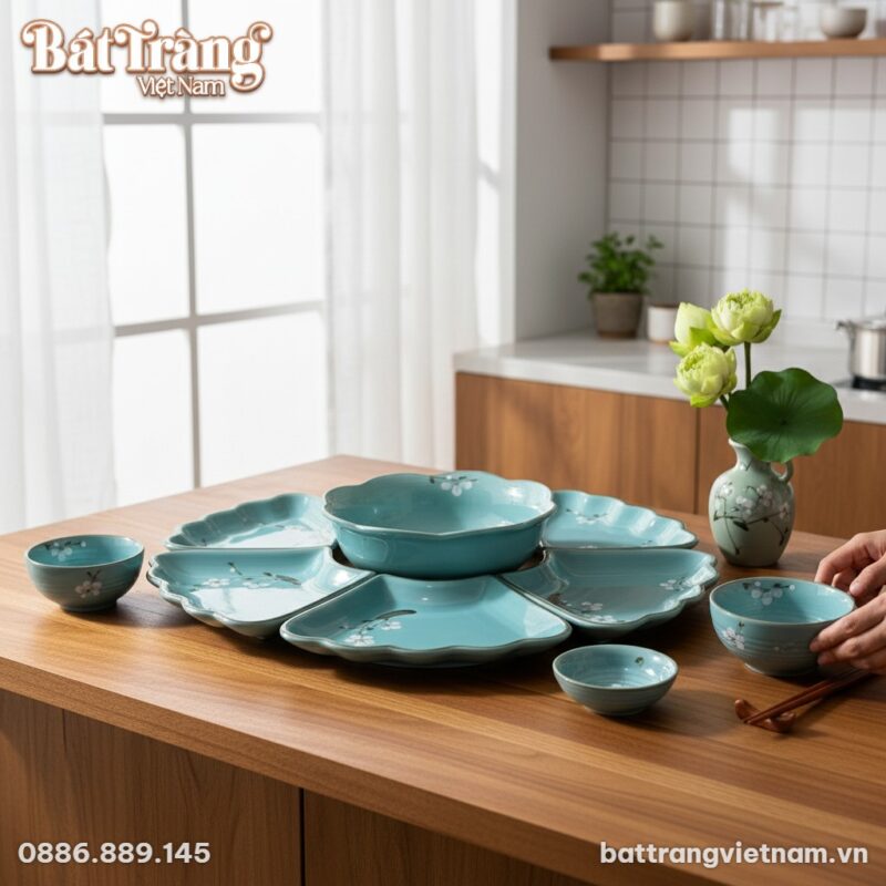 Bộ bát đĩa hoa mặt trời men xanh ngọc đặt gọn g...