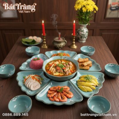 Góc nhìn cận cảnh bộ bát đĩa men xanh hoa mặt t...