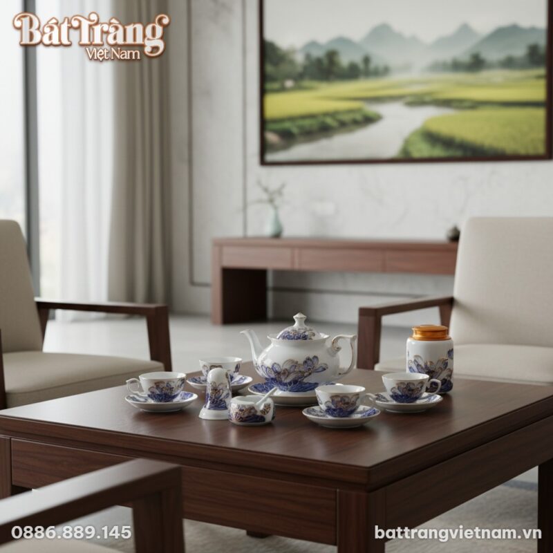 Cận cảnh chỉ có bộ ấm chén men lam hoa sen vẽ v... Cận cảnh chỉ có bộ ấm chén men lam hoa sen vẽ v...