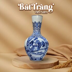 Tỏi Bình Cổ Ngỗng Men Lam Vẽ Di Tích Lịch Sử BT-TB06