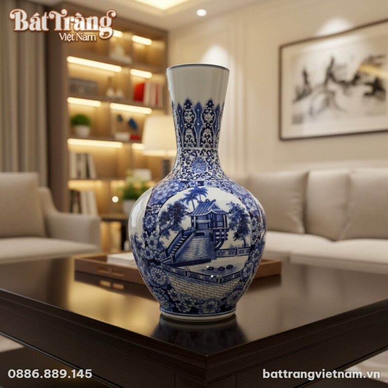 cận cảnh Bình gốm men lam 72cm dáng tỏi cổ ngỗn...