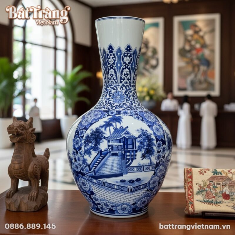 cận cảnh Bình gốm men lam 72cm dáng tỏi cổ ngỗn...