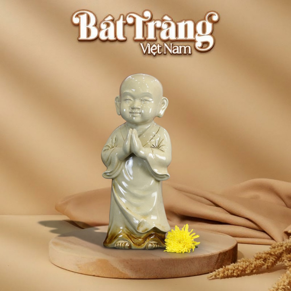 Tượng Chú Tiểu Chắp Tay An Nhiên Men Rạn Bát Tràng BT-TCT01
