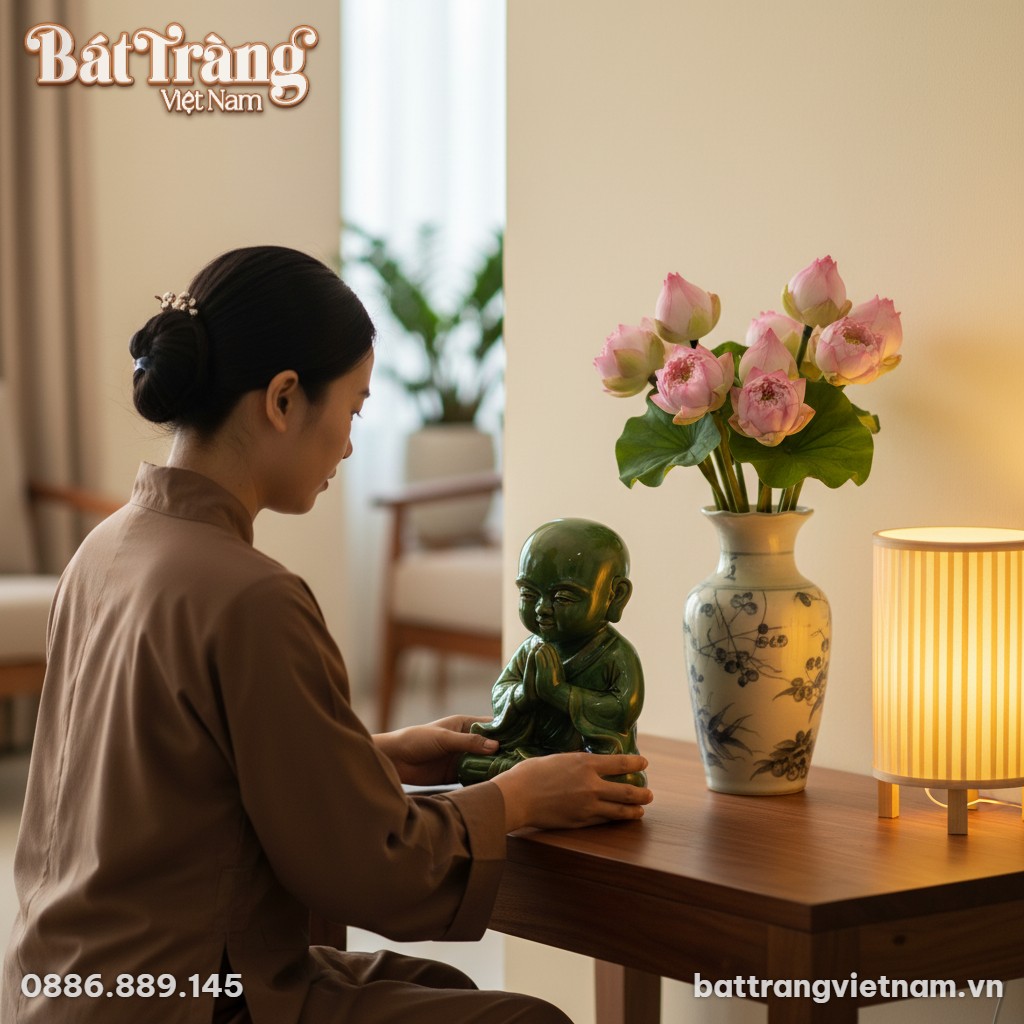 Tượng chú tiểu men ngọc lục 36cm trên bàn trà g...