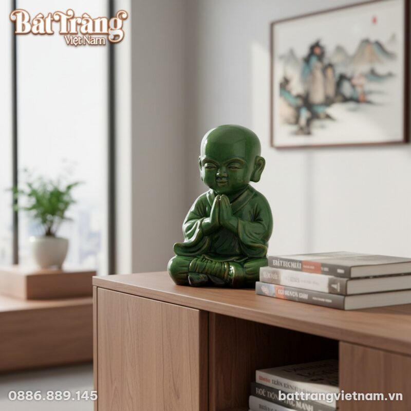 Tượng chú tiểu men ngọc lục 36cm trên góc bàn l... Tượng chú tiểu men ngọc lục 36cm trên góc bàn l...