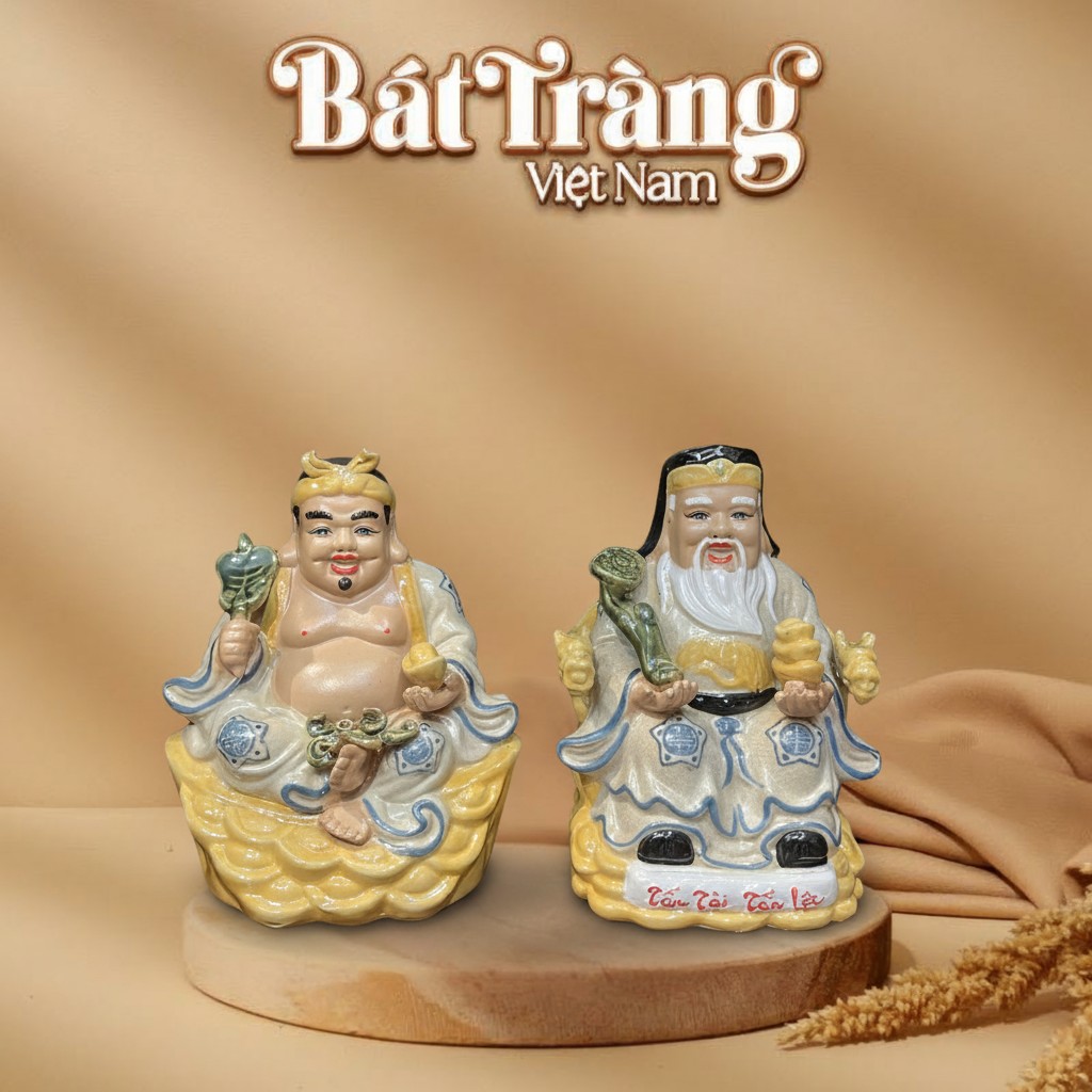 Tượng Thần Tài - Thổ Địa Tấn Tài Tấn Lộc men rạn màu vàng nhạt BT-TTTĐ07