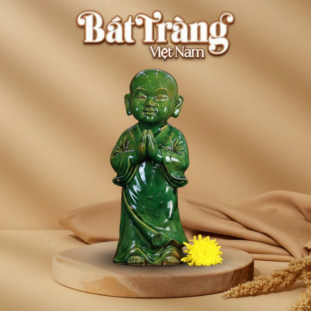 Tượng Tiểu Sư Bát Tràng Chắp Tay Men Ngọc Lục XG-TCT04