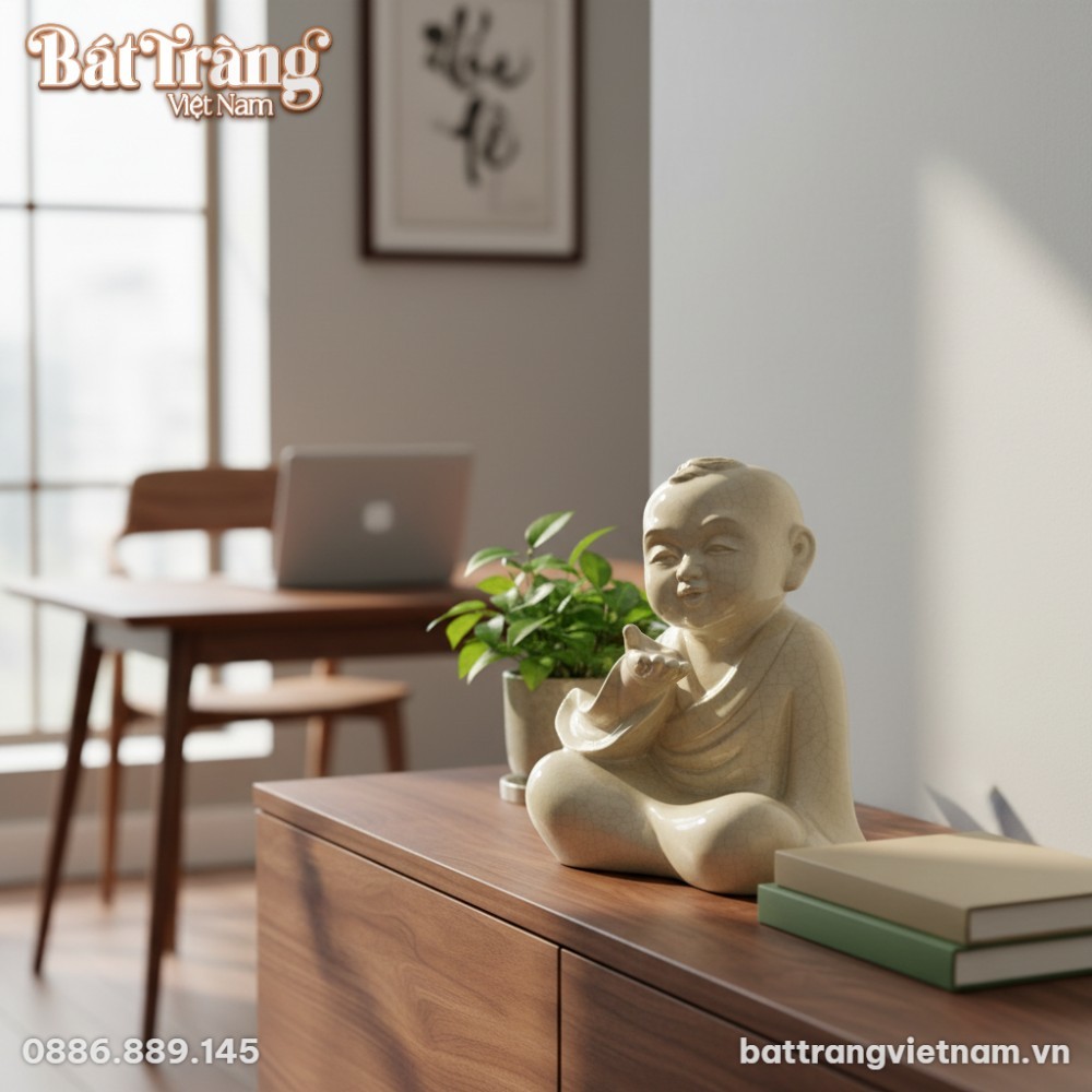 Tượng Tiểu Sư Hoan Hỉ men rạn Bát Tràng (cao 32...