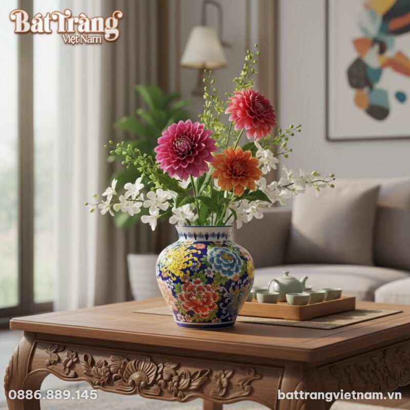 Vò gốm Bát Tràng BT-LH52 cắm hoa thược dược tươ... Vò gốm Bát Tràng BT-LH52 cắm hoa thược dược tươ...