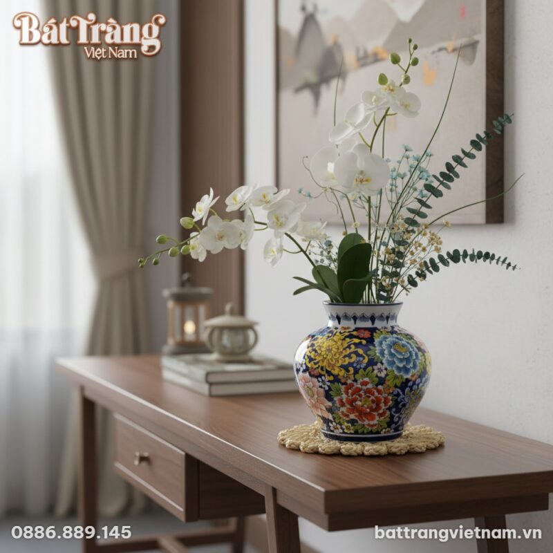 Cận cảnh vò gốm Bát Tràng BT-LH52 đặt trên đôn ... Cận cảnh vò gốm Bát Tràng BT-LH52 đặt trên đôn ...