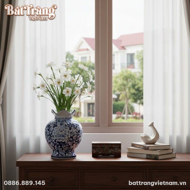 Bình gốm men xanh hoa mẫu đơn cao 27cm (tuyệt đ...