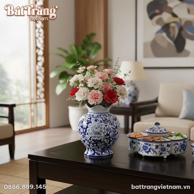 Bình gốm men xanh hoa mẫu đơn (không đế gỗ) cắm...