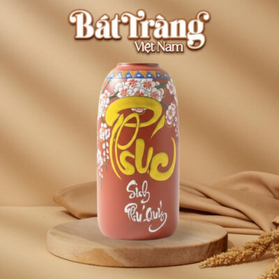 Bình hoa Bát Tràng đất đỏ dáng chuông vẽ Phúc Sinh Phú Quý 35cm BT-LH85