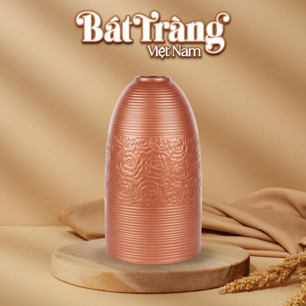 Bình hoa gốm đất đỏ dáng chuông khắc chìm hoa hồng vân ngang BT-LH96