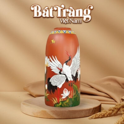 Bình hoa gốm đất đỏ dáng chuông vẽ song hạc uyên ương 35cm BT-LH81