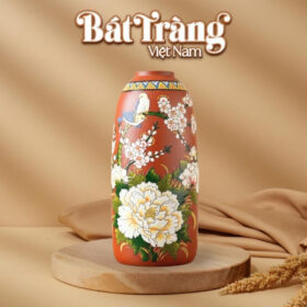 Bình hoa gốm đất đỏ vẽ chim hoa phú quý dáng chuông 35cm BT-LH82