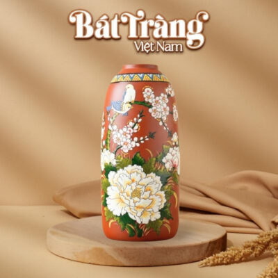 Bình hoa gốm đất đỏ vẽ chim hoa phú quý dáng chuông 35cm BT-LH82