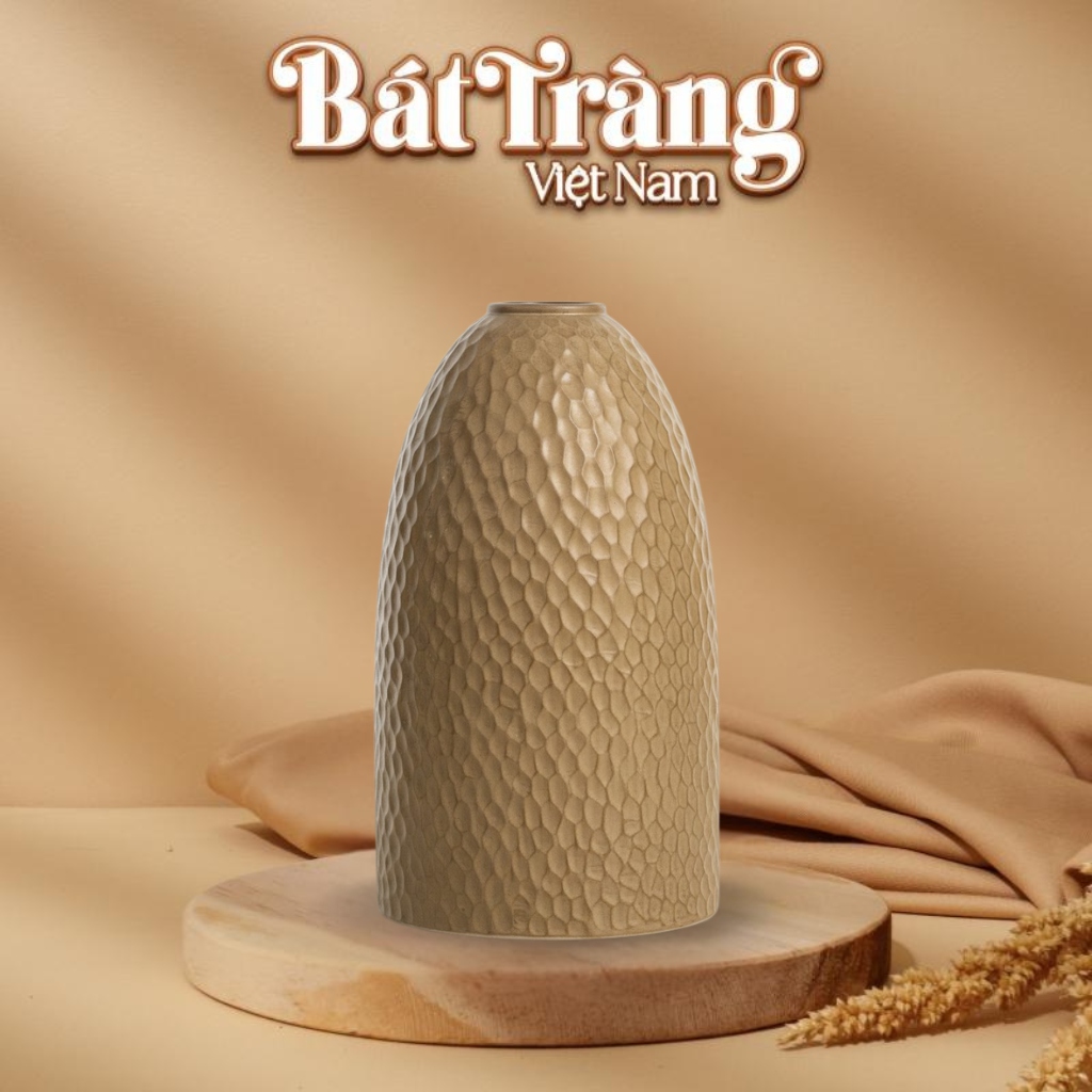 Bình hoa men gốm mộc vàng nâu dáng chuông vân tổ ong khắc chìm BT-LH93