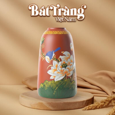 Lọ hoa gốm đất nung dáng chuông họa tiết hoa sen chim én 35cm BT-LH83