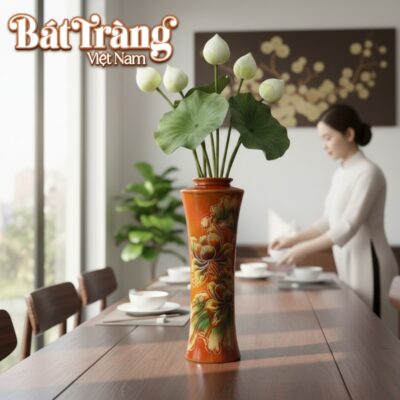 Lọ hoa gốm sứ dáng trúc cao men đỏ khắc chìm hoa sen BT-LH57