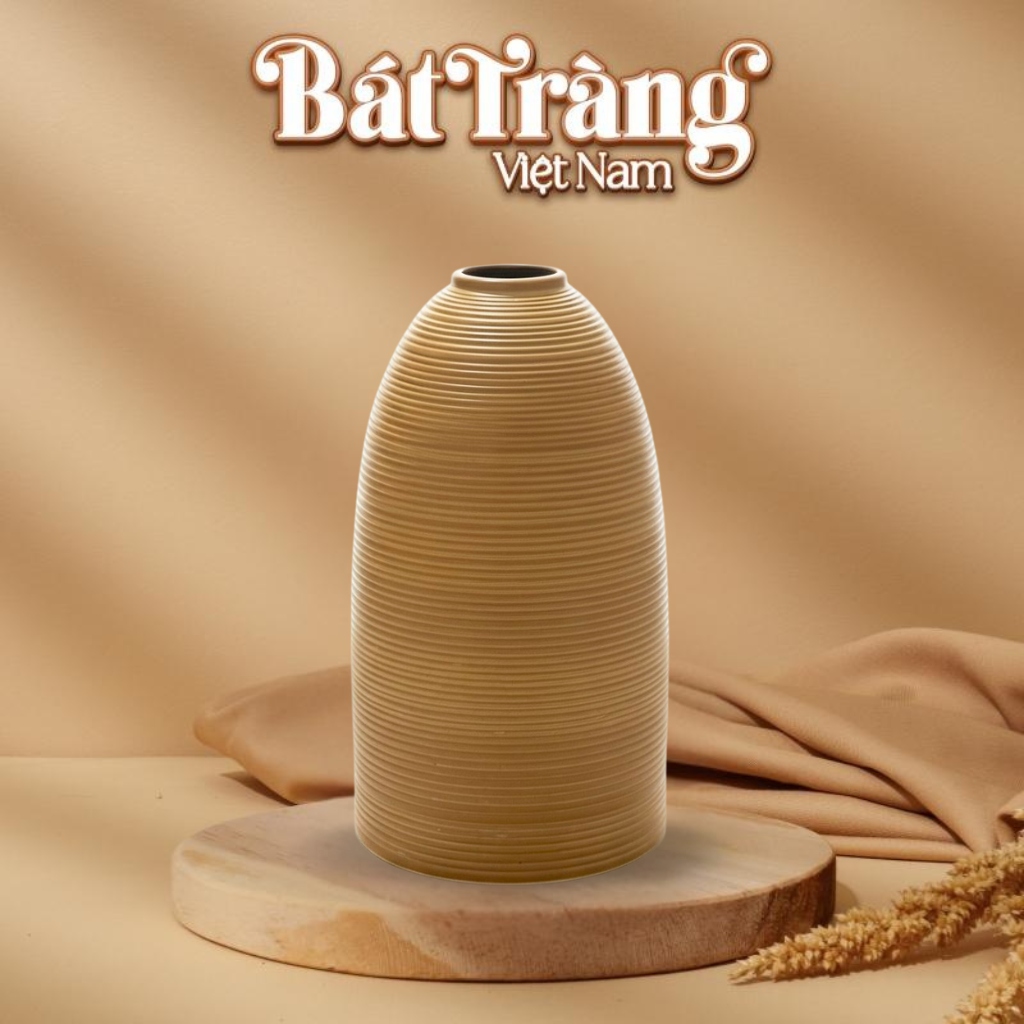 Lọ hoa men gốm mộc vàng mật dáng chuông vân chỉ ngang BT-LH95