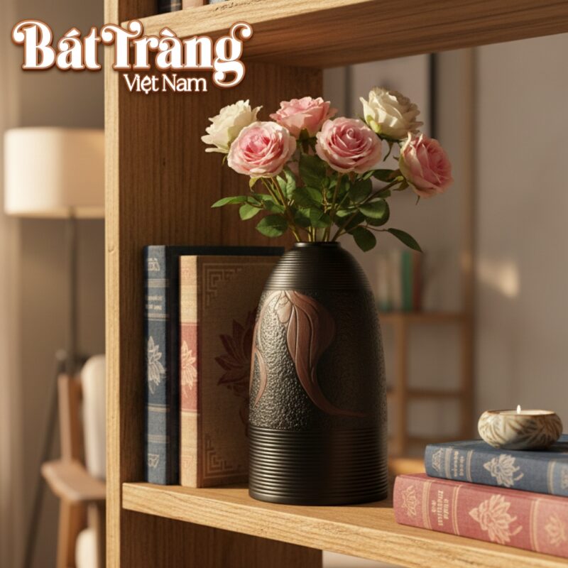 Lọ hoa gốm Bát Tràng men mộc khắc chìm thiếu nữ tóc mây dáng chuông BT-LH91