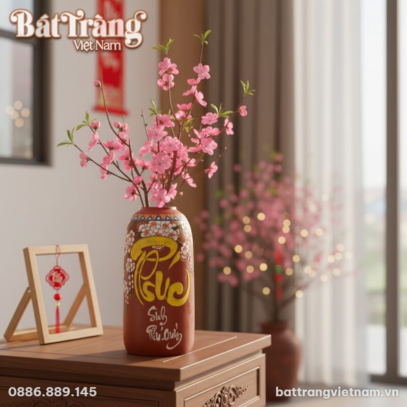 Bình hoa Bát Tràng dáng chuông 35cm đất đỏ vẽ c...