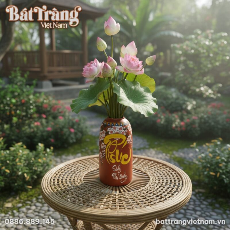 Lọ hoa gốm đặt trên bàn mây ở khu vườn. Trong l...