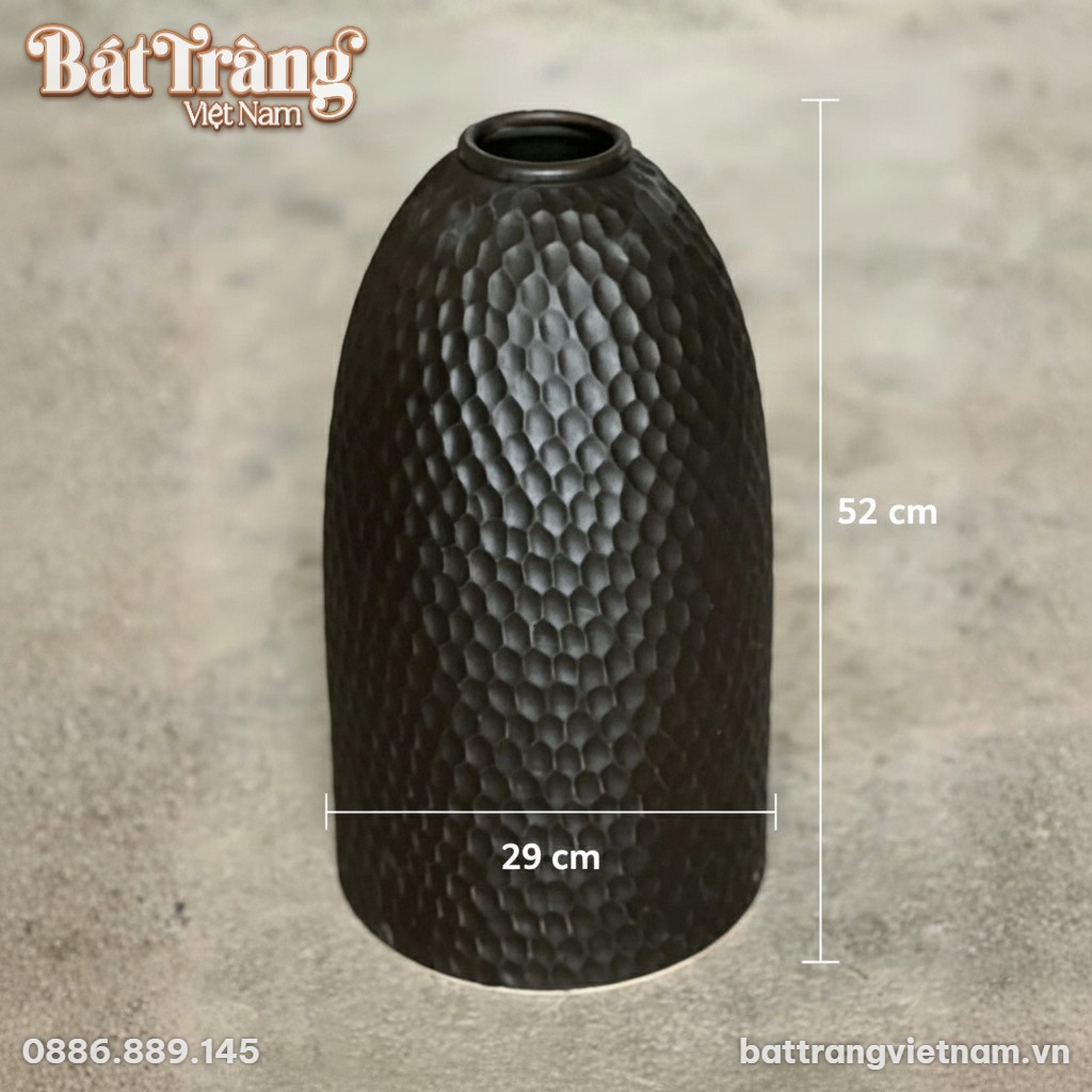 K&iacute;ch thước B&igrave;nh hoa B&aacute;t Tr&agrave;ng men mộc d&aacute;ng chu&ocirc;ng v&acirc;n tổ ong khắc ch&igrave;m BT-LH92