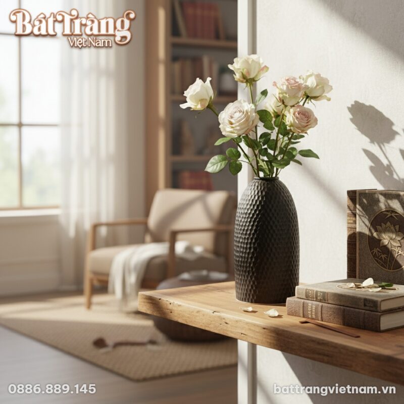 Bình hoa Bát Tràng men mộc dáng chuông vân tổ o...