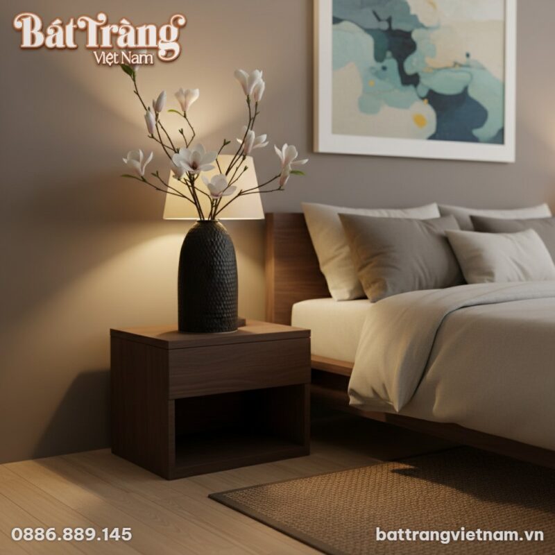 Lọ hoa đặt trên tủ đầu giường thấp trong phòng ...