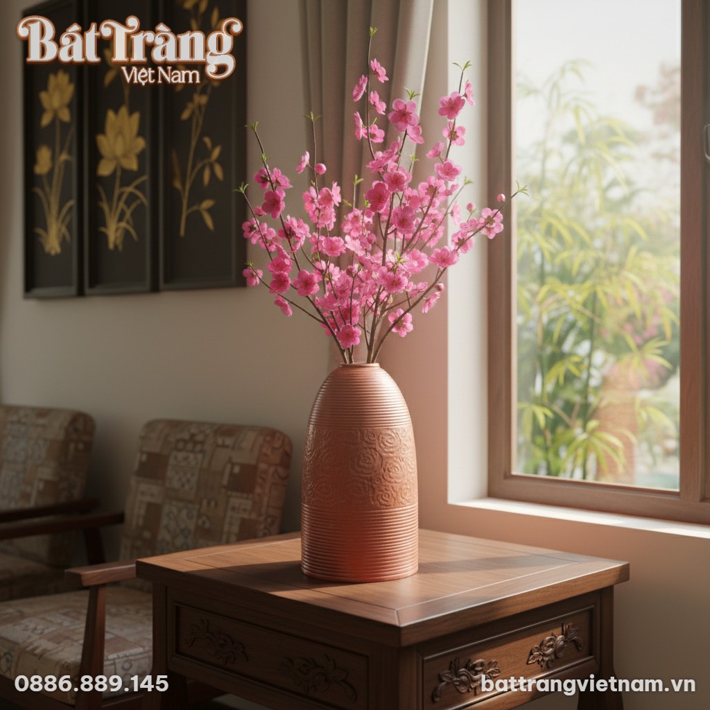 Một bình hoa gốm Bát Tràng dáng chuông, cao 52c...