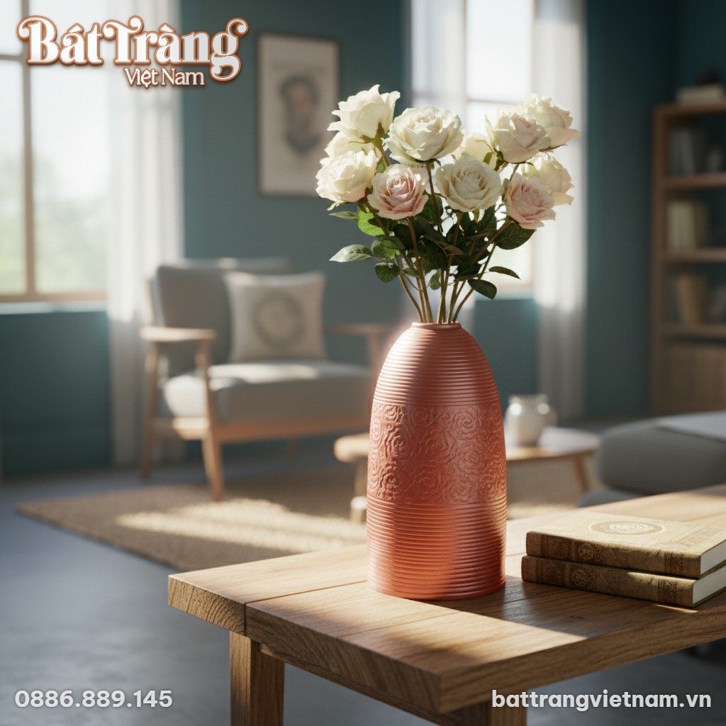 Cận cảnh bình hoa gốm Bát Tràng dáng chuông, ca...