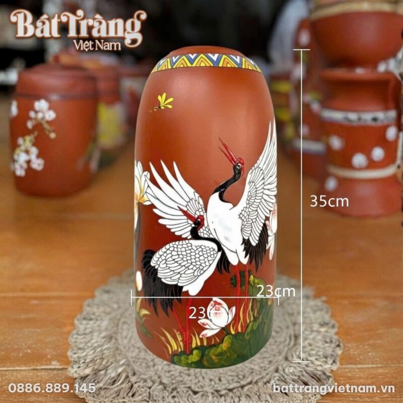 Kích thước Bình hoa gốm đất đỏ dáng chuông vẽ song hạc uyên ương 35cm BT-LH81