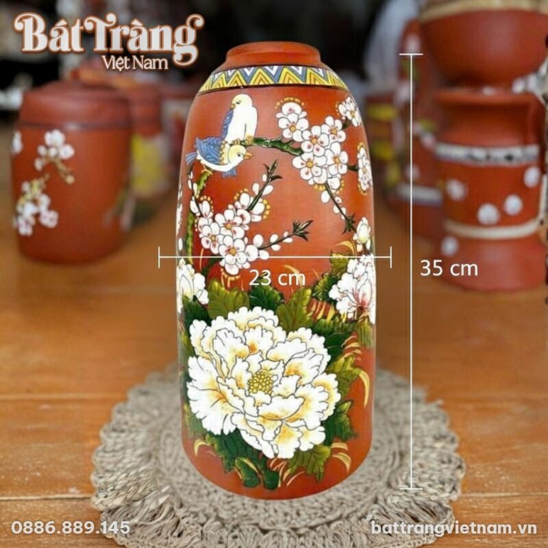 Kích thước Bình hoa gốm đất đỏ vẽ chim hoa phú quý dáng chuông 35cm BT-LH82 Kích thước Bình hoa gốm đất đỏ vẽ chim hoa phú quý dáng chuông 35cm BT-LH82