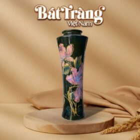 Bình hoa gốm sứ dáng trúc cao men đen vẽ chìm hoa sen hồng BT-LH59