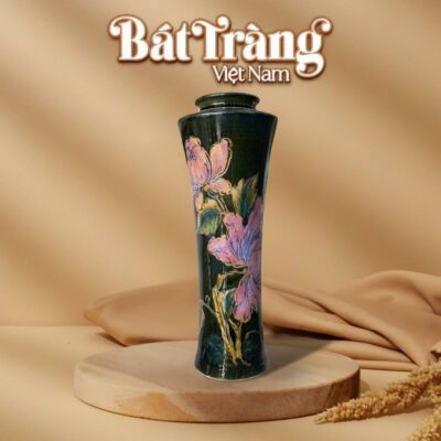 Bình hoa gốm sứ dáng trúc cao men đen rêu vẽ chìm hoa sen hồng BT-LH59 - Ảnh đại diện