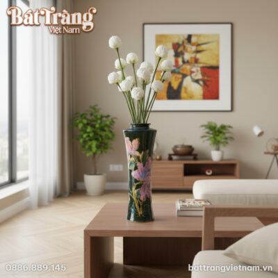 Kích thước Bình hoa gốm sứ dáng trúc cao men đen rêu vẽ chìm hoa sen hồng BT-LH59