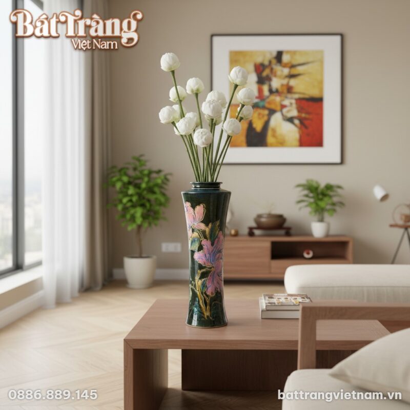 Kích thước Bình hoa gốm sứ dáng trúc cao men đen rêu vẽ chìm hoa sen hồng BT-LH59
