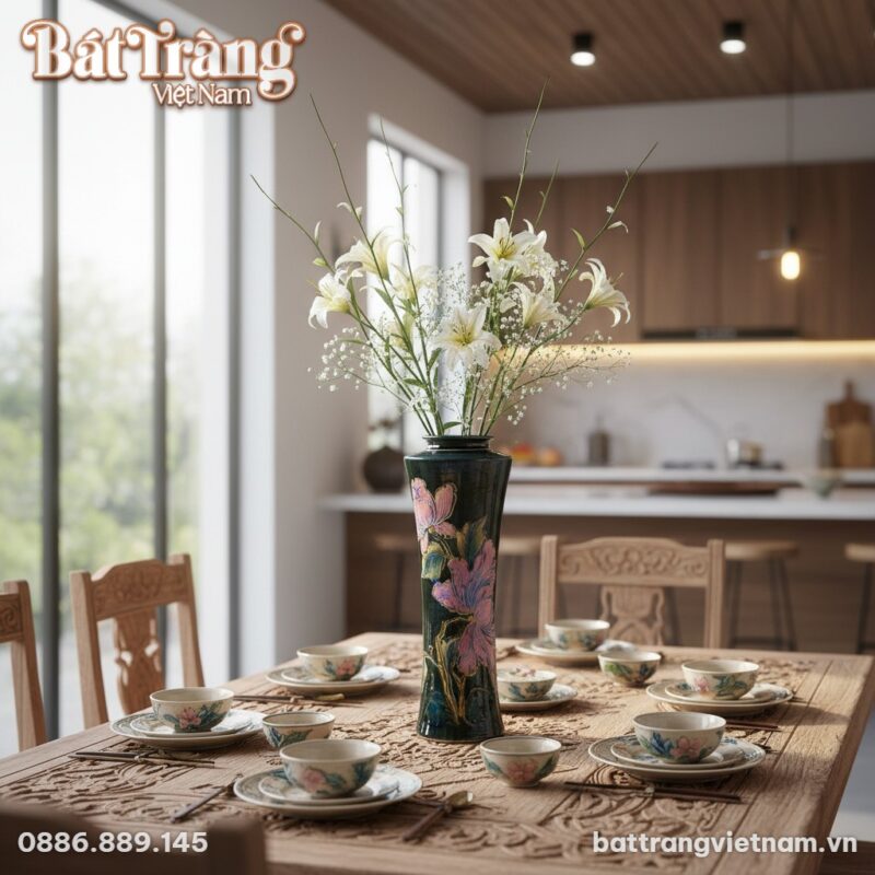 Bình hoa gốm sứ 44cm trên kệ sách gỗ đơn giản t...